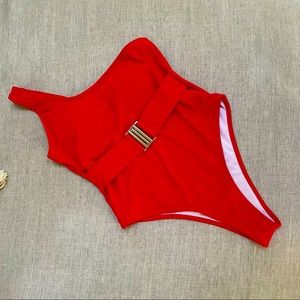 High Cut leg One-Shoulder red one-piece with belt